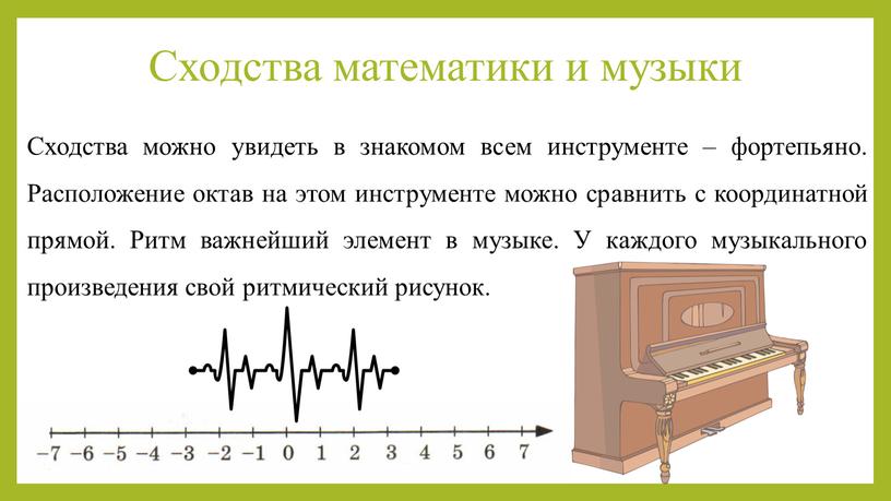 Сходства математики и музыки Сходства можно увидеть в знакомом всем инструменте – фортепьяно