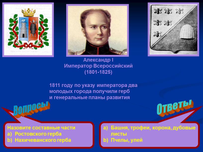 Александр I Император Всероссийский (1801-1825) 1811 году по указу императора два молодых города получили герб и генеральные планы развития