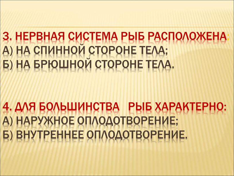 Нервная система рыб расположена: а) на спинной стороне тела; б) на брюшной стороне тела