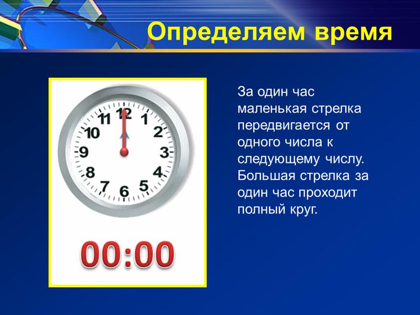 Определяем время За один час маленькая стрелка передвигается от одного числа к следующему числу