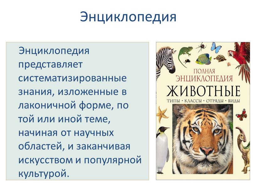 Энциклопедия Энциклопедия представляет систематизированные знания, изложенные в лаконичной форме, по той или иной теме, начиная от научных областей, и заканчивая искусством и популярной культурой