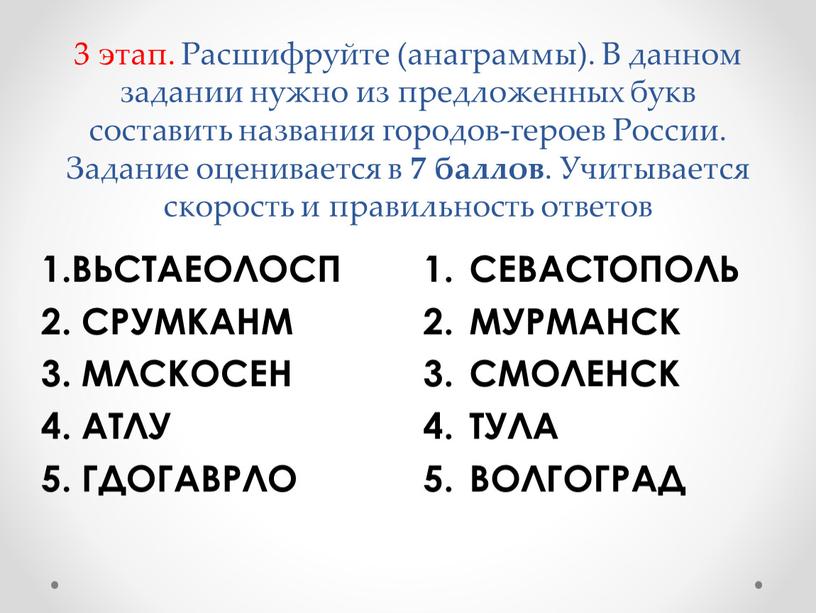 Расшифруйте (анаграммы). В данном задании нужно из предложенных букв составить названия городов-героев