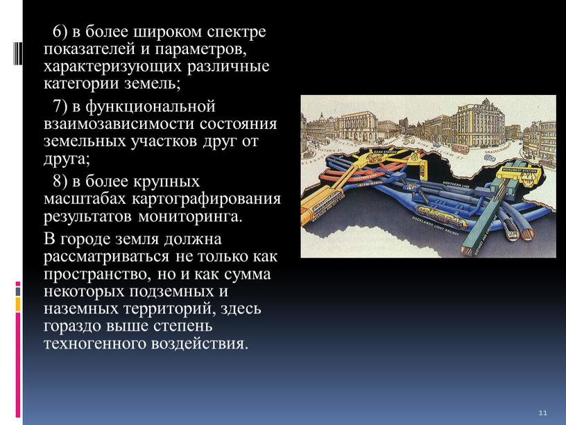 В городе земля должна рассматриваться не только как пространство, но и как сумма некоторых подземных и наземных территорий, здесь гораздо выше степень техногенного воздействия