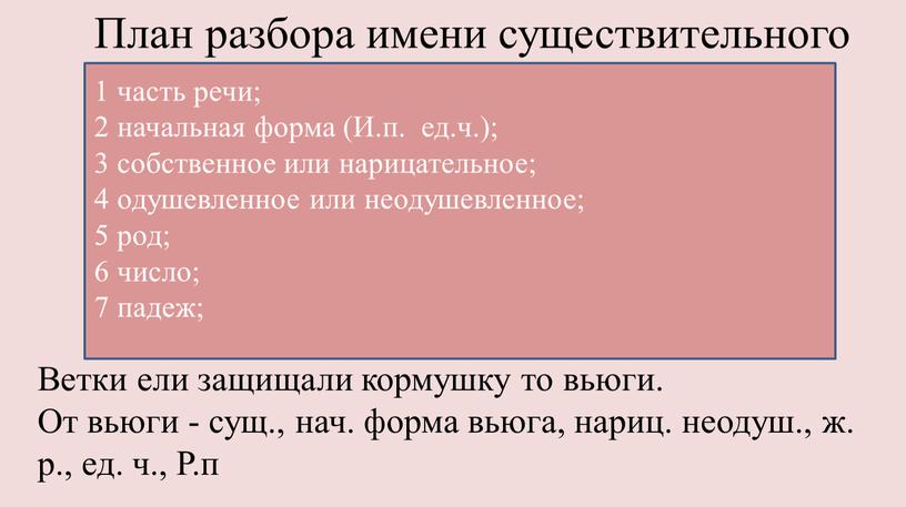 План разбора имени существительного 1 часть речи; 2 начальная форма (И