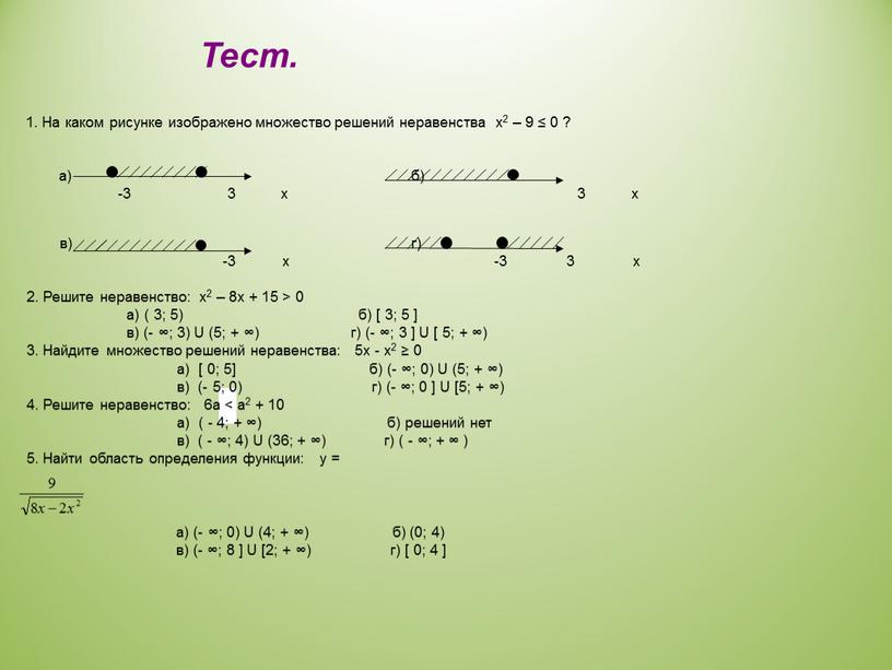 Тест. 1. На каком рисунке изображено множество решений неравенства х2 – 9 ≤ 0 ? а) б) -3 3 x 3 x в) г) -3…