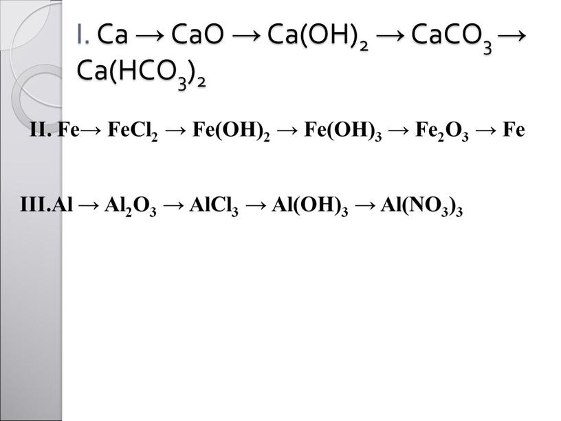 Ca → CaO → Ca(OH)2 → CaCO3 → Ca(HCO3)2 ІІ