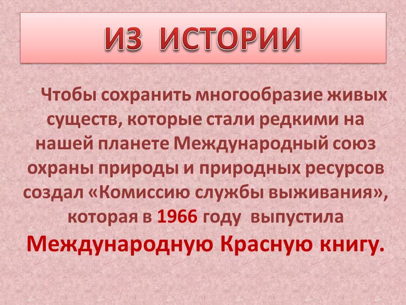 ИЗ ИСТОРИИ Чтобы сохранить многообразие живых существ, которые стали редкими на нашей планете