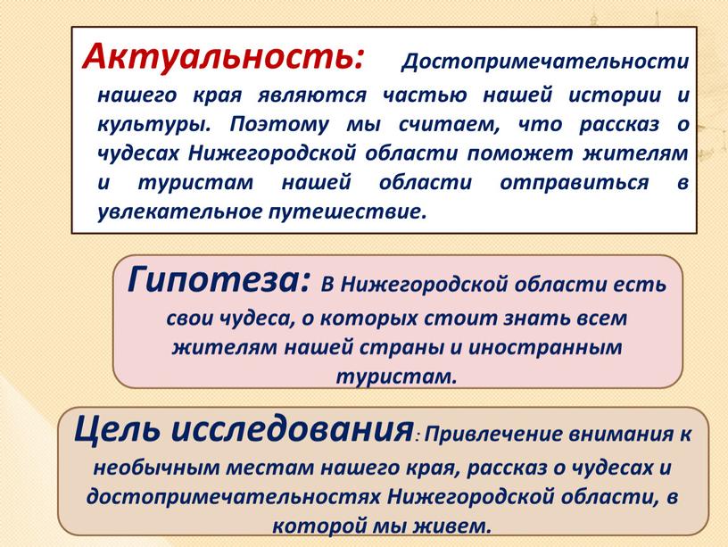 Актуальность: Достопримечательности нашего края являются частью нашей истории и культуры