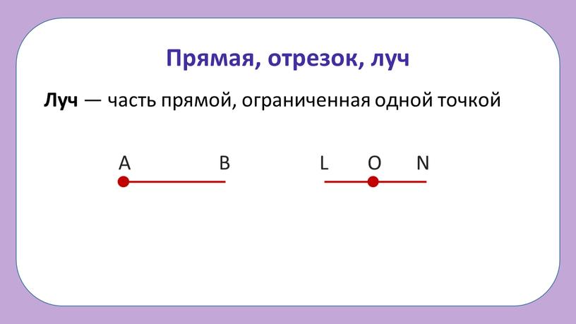 Прямая, отрезок, луч Луч — часть прямой, ограниченная одной точкой