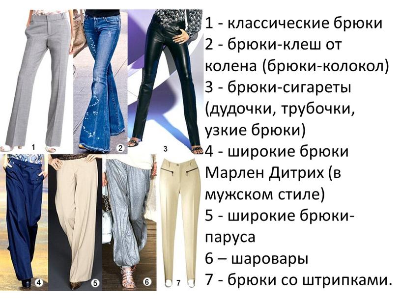Марлен Дитрих (в мужском стиле) 5 - широкие брюки-паруса 6 – шаровары 7 - брюки со штрипками