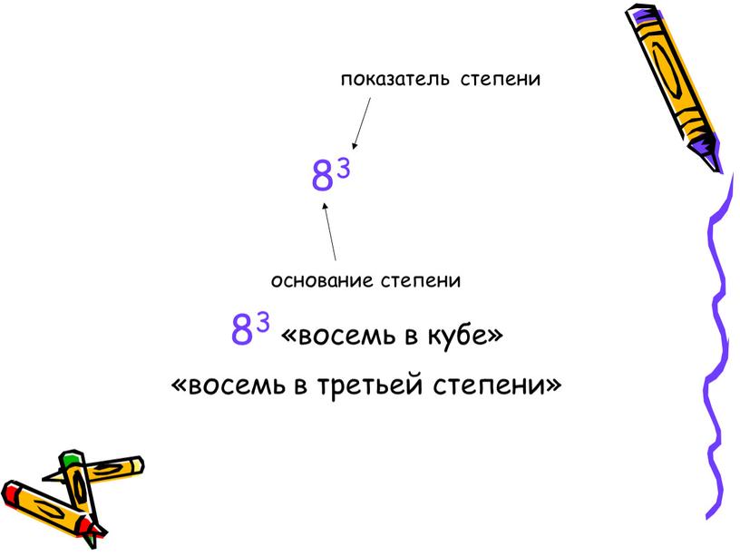 показатель степени 83 основание степени 83 «восемь в кубе» «восемь в третьей степени»