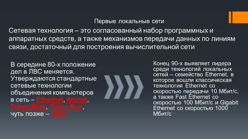 Сетевая технология – это согласованный набор программных и аппаратных средств, а также механизмов передачи данных по линиям связи, достаточный для построения вычислительной сети