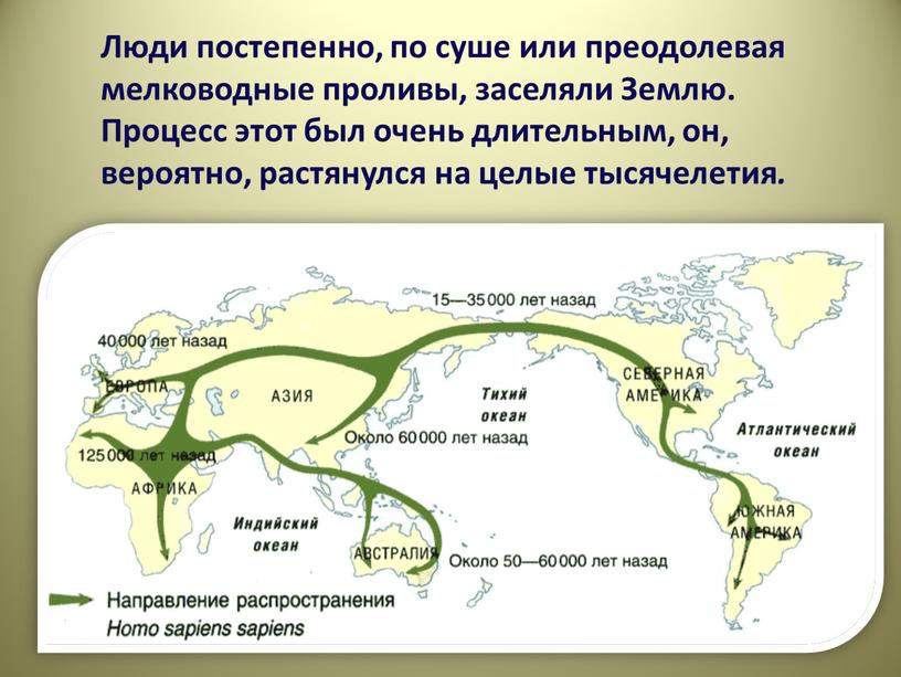 Люди постепенно, по суше или преодолевая мелководные проливы, заселяли