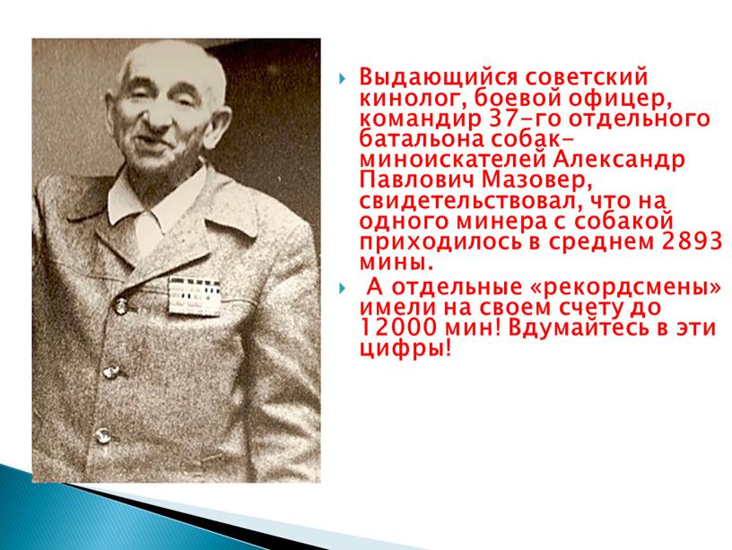 Выдающийся советский кинолог, боевой офицер, командир 37-го отдельного батальона собак-миноискателей