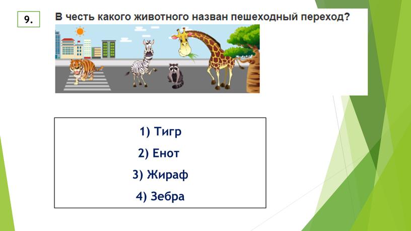 Тигр 2) Енот 3) Жираф 4) Зебра