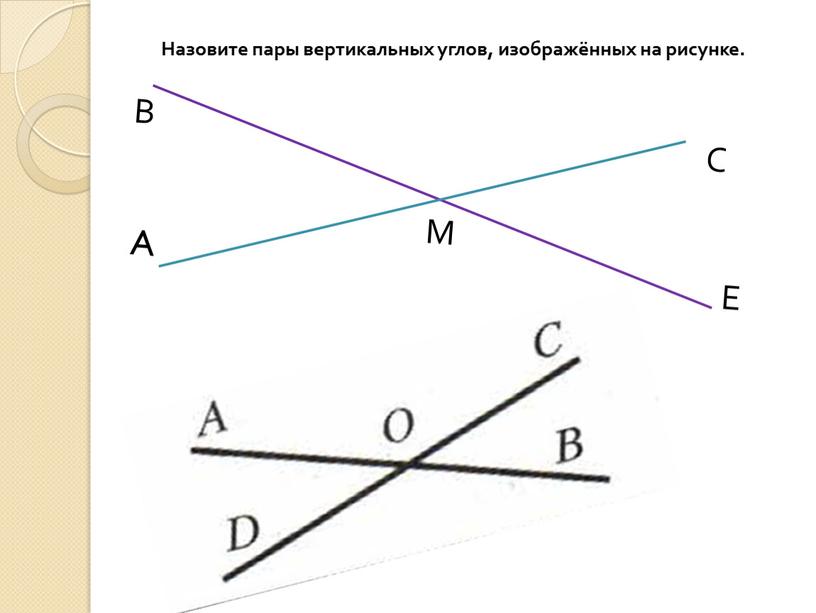 Назовите пары вертикальных углов, изображённых на рисунке