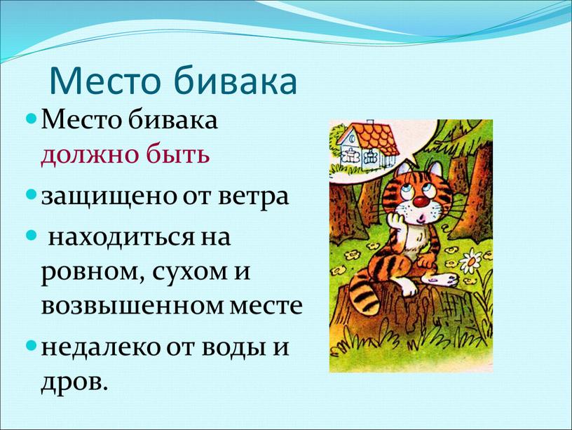 Место бивака Место бивака должно быть защищено от ветра находиться на ровном, сухом и возвышенном месте недалеко от воды и дров