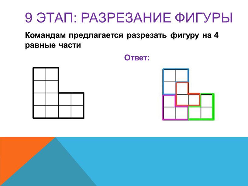 РАЗРЕЗАНИЕ ФИГУРЫ Командам предлагается разрезать фигуру на 4 равные части