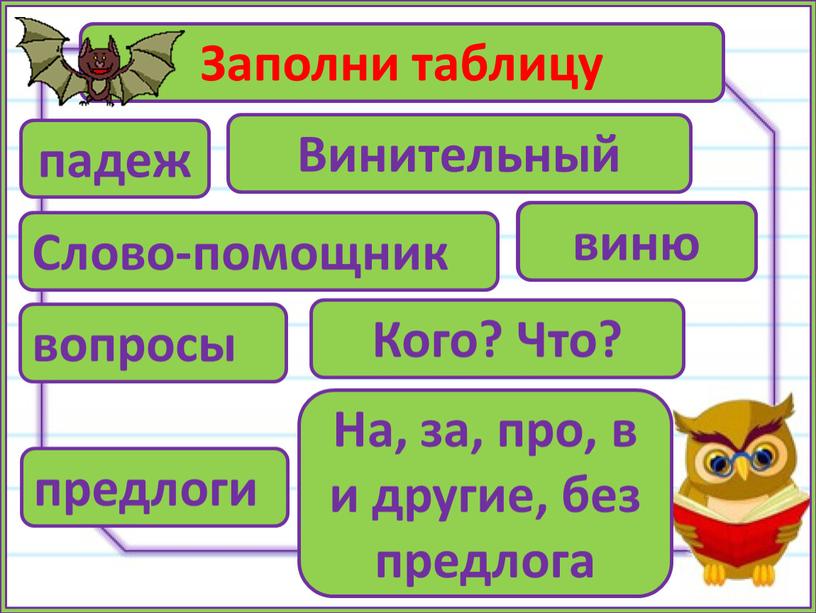 Заполни таблицу падеж Слово-помощник вопросы предлоги