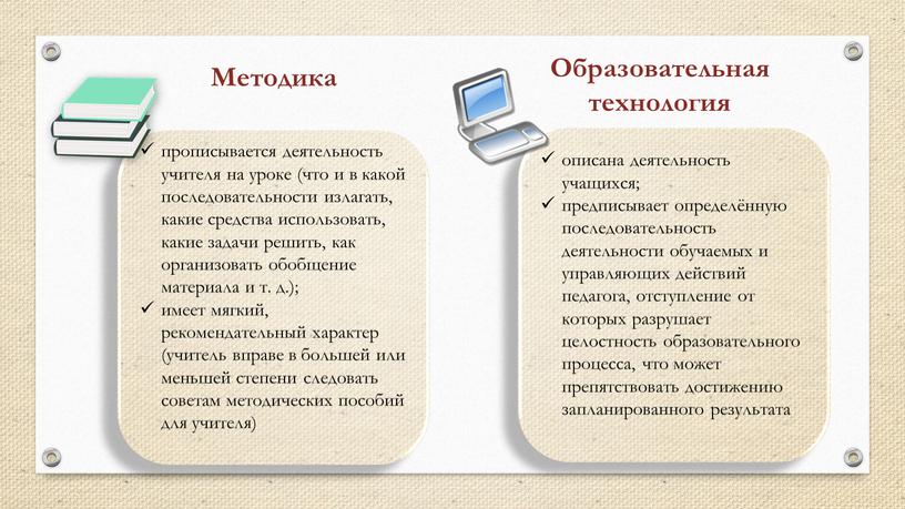 Методика Образовательная технология прописывается деятельность учителя на уроке (что и в какой последовательности излагать, какие средства использовать, какие задачи решить, как организовать обобщение материала и…