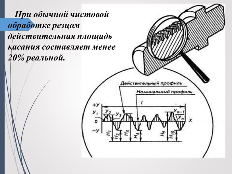 При обычной чистовой обработке резцом действительная площадь касания составляет менее 20% реальной