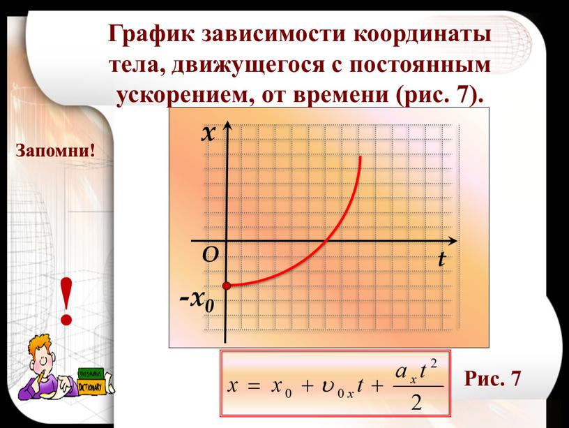 O Запомни! График зависимости координаты тела, движущегося с постоянным ускорением, от времени (рис