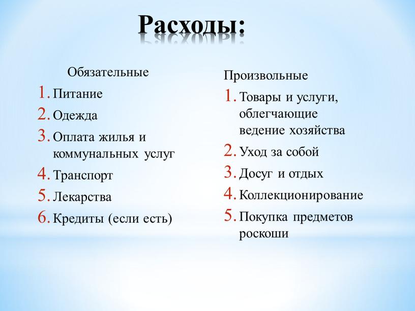 Обязательные Питание Одежда Оплата жилья и коммунальных услуг