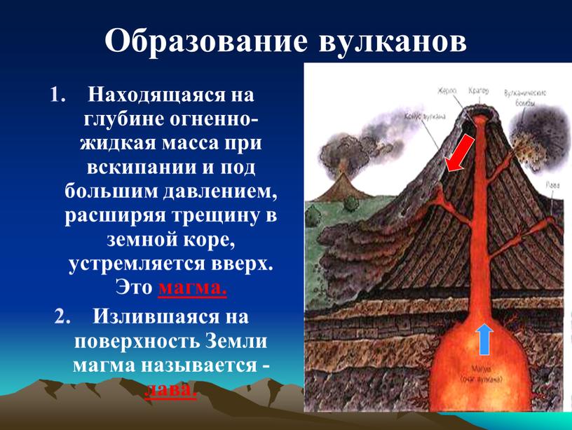 Образование вулканов Находящаяся на глубине огненно-жидкая масса при вскипании и под большим давлением, расширяя трещину в земной коре, устремляется вверх