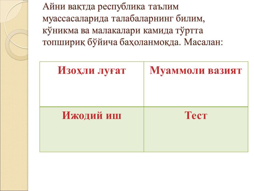 Айни вақтда республика таълим муассасаларида талабаларнинг билим, кўникма ва малакалари камида тўртта топшириқ бўйича баҳоланмоқда