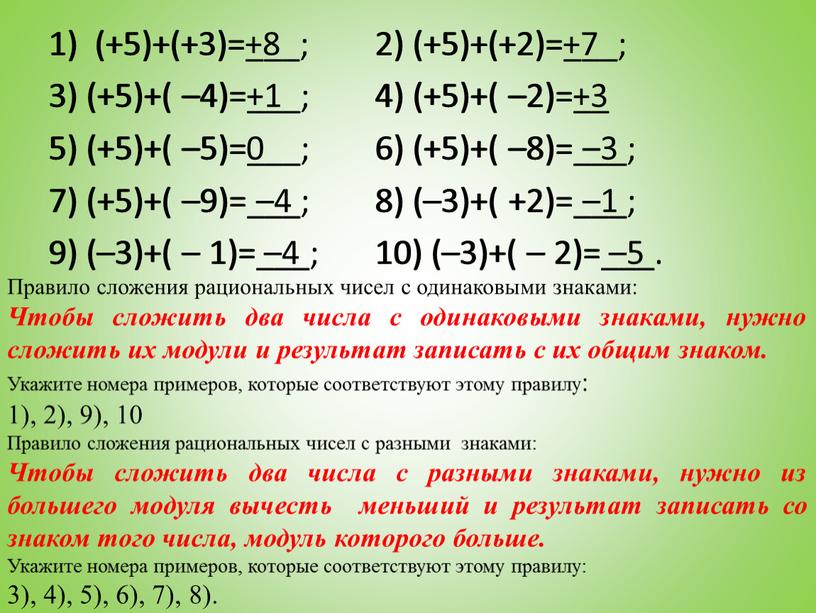 Правило сложения рациональных чисел с одинаковыми знаками: