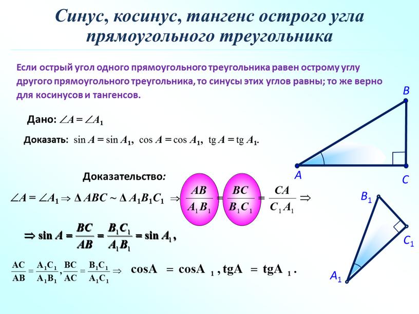 Если острый угол одного прямоугольного треугольника равен острому углу другого прямоугольного треугольника, то синусы этих углов равны; то же верно для косинусов и тангенсов