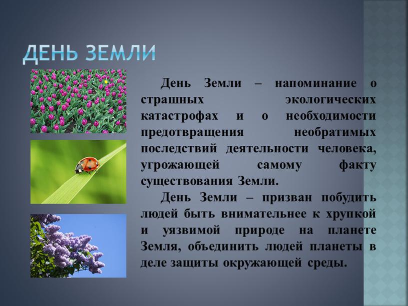 День Земли День Земли – напоминание о страшных экологических катастрофах и о необходимости предотвращения необратимых последствий деятельности человека, угрожающей самому факту существования