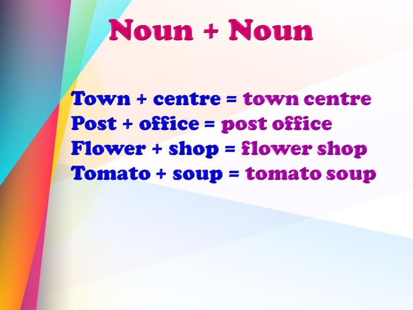 Noun + Noun Town + centre = town centre