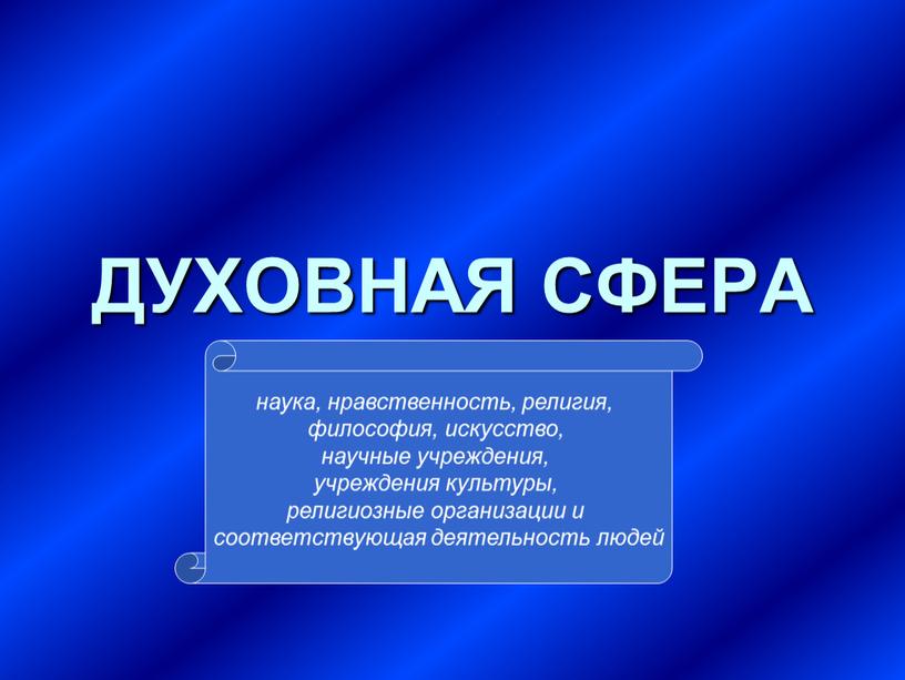 ДУХОВНАЯ СФЕРА наука, нравственность, религия, философия, искусство, научные учреждения, учреждения культуры, религиозные организации и соответствующая деятельность людей