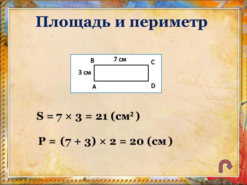 Площадь и периметр S = P = 7 × 3 = 21 (см2 ) (7 + 3) × 2 = 20 (см )