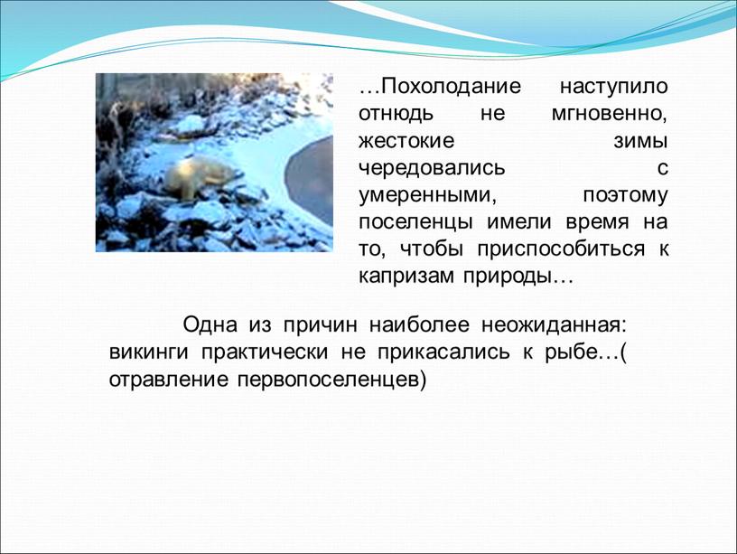 Похолодание наступило отнюдь не мгновенно, жестокие зимы чередовались с умеренными, поэтому поселенцы имели время на то, чтобы приспособиться к капризам природы…