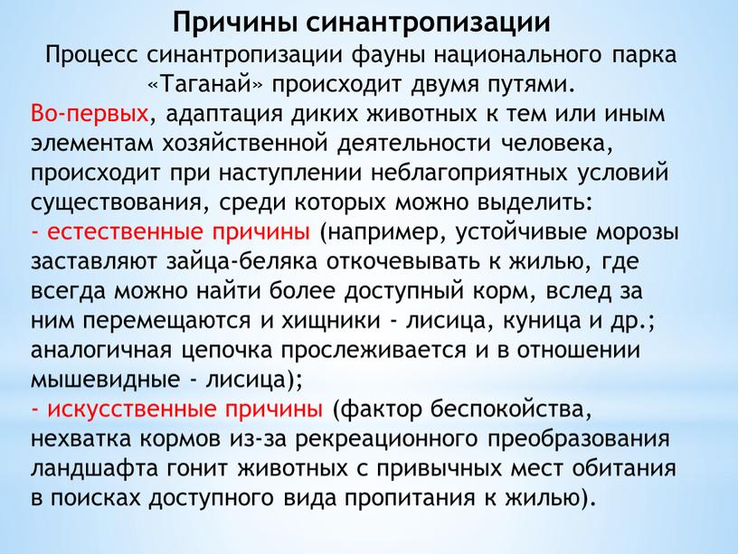 Причины синантропизации Процесс синантропизации фауны национального парка «Таганай» происходит двумя путями