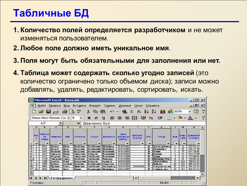 Табличные БД Количество полей определяется разработчиком и не может изменяться пользователем