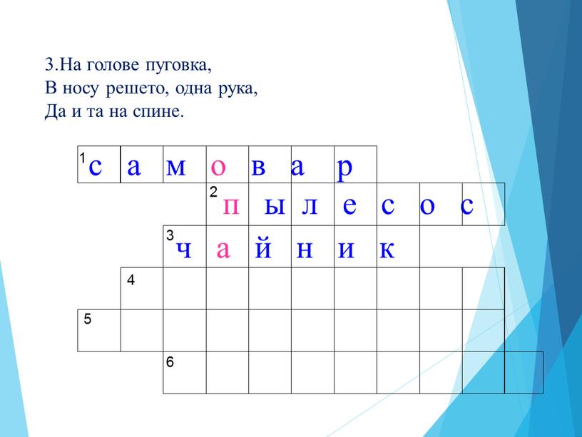 На голове пуговка, В носу решето, одна рука,