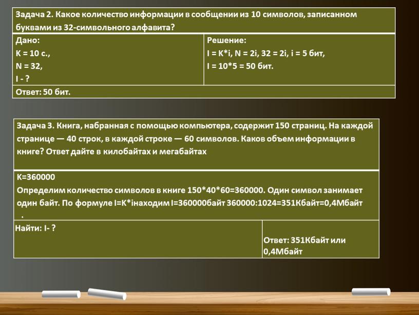 Задача 2. Какое количество информации в сообщении из 10 символов, записанном буквами из 32-символьного алфавита?