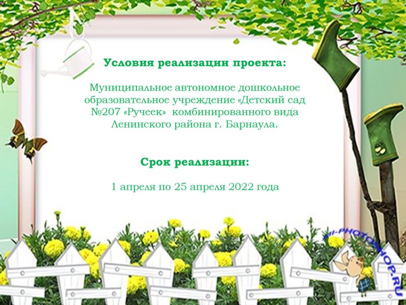 Условия реализации проекта: Муниципальное автономное дошкольное образовательное учреждение «Детский сад №207 «Ручеек» комбинированного вида