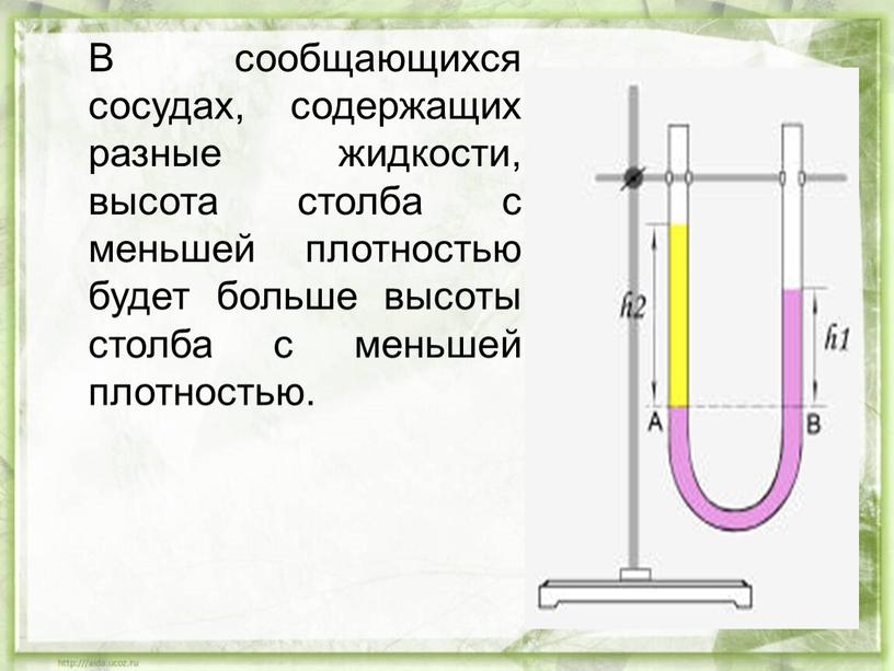 В сообщающихся сосудах, содержащих разные жидкости, высота столба с меньшей плотностью будет больше высоты столба с меньшей плотностью