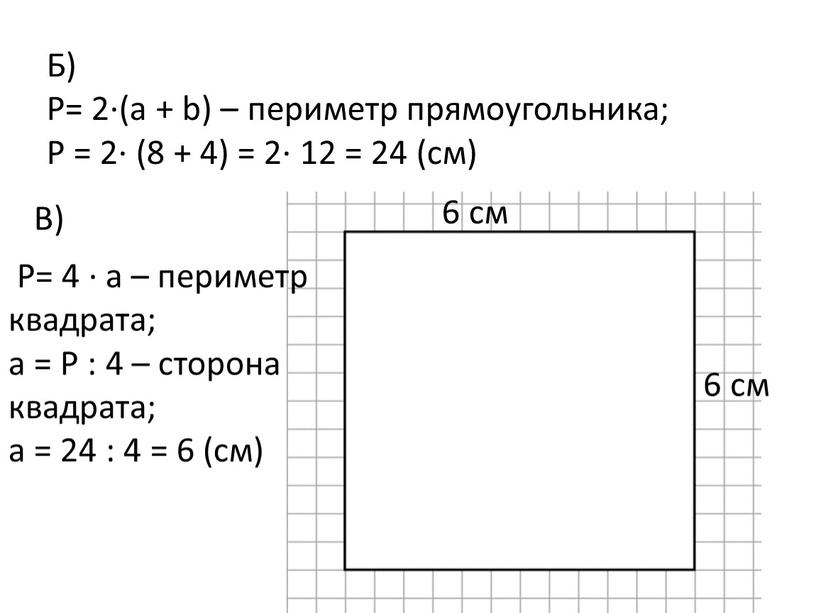 Б) Р= 2·(а + b) – периметр прямоугольника;