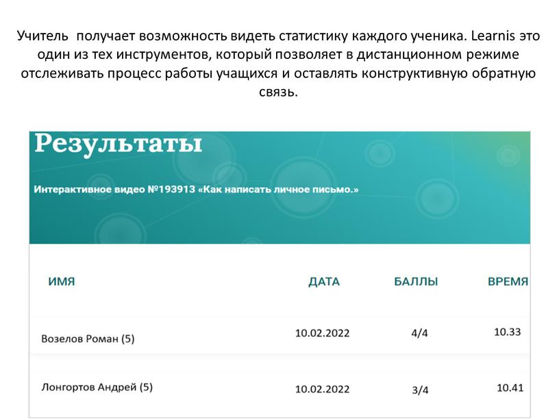 Учитель получает возможность видеть статистику каждого ученика