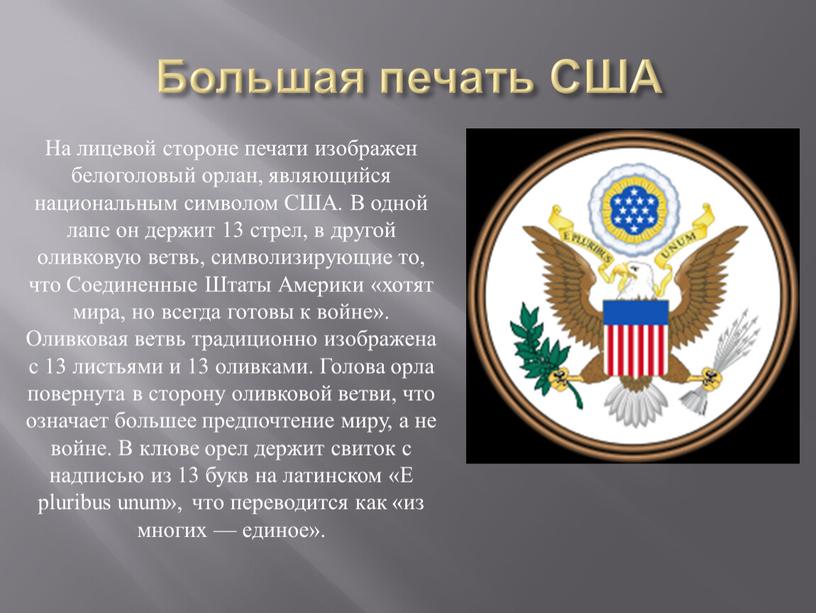 Большая печать США На лицевой стороне печати изображен белоголовый орлан, являющийся национальным символом