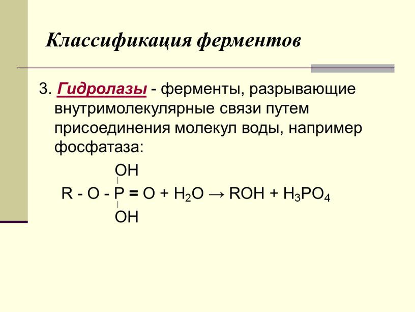 Классификация ферментов 3. Гидролазы - ферменты, разрывающие внутримолекулярные связи путем присоединения молекул воды, например фосфатаза: