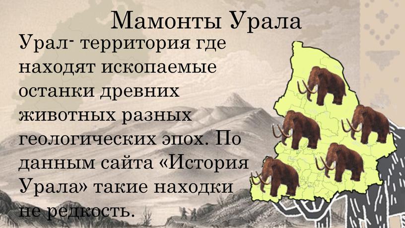 Мамонты Урала Урал- территория где находят ископаемые останки древних животных разных геологических эпох