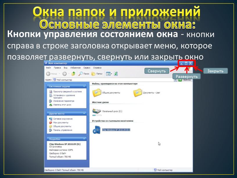 Окна папок и приложений Кнопки управления состоянием окна - кнопки справа в строке заголовка открывает меню, которое позволяет развернуть, свернуть или закрыть окно