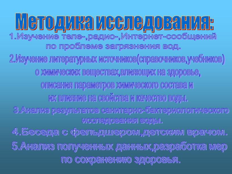 Методика исследования: 1.Изучение теле-,радио-,Интернет-сообщений по проблеме загрязнения вод