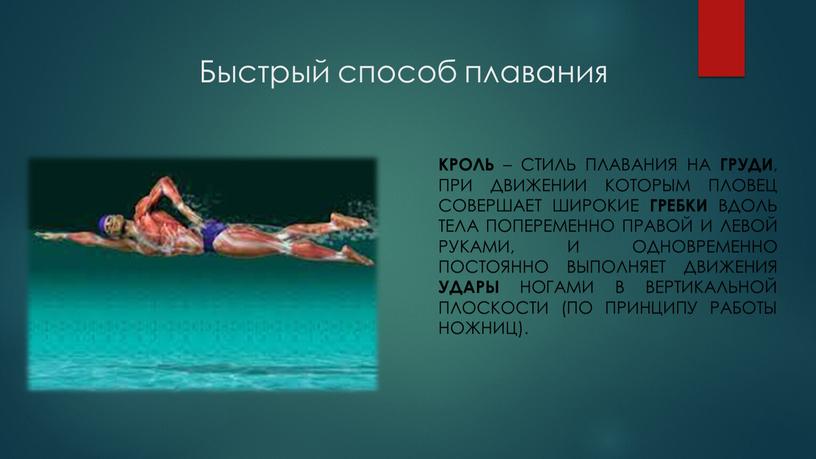 Быстрый способ плавания Кроль – стиль плавания на груди , при движении которым пловец совершает широкие гребки вдоль тела попеременно правой и левой руками, и…